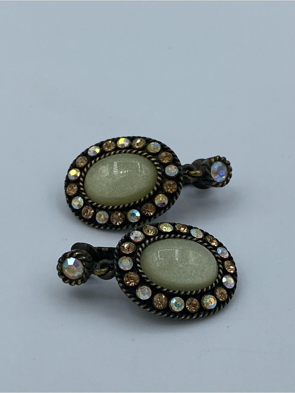 Vintage Avon Style Olive Green Stone Aurora Borealis Crystal Drop Clip Earrings